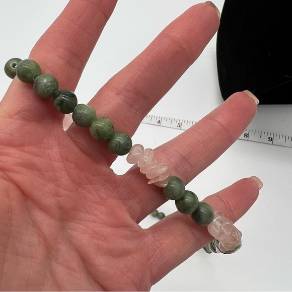 Vintage Jade & Rose Quartz Beaded Necklace – Cloisonné Floral Beads - Picture 6 of 7